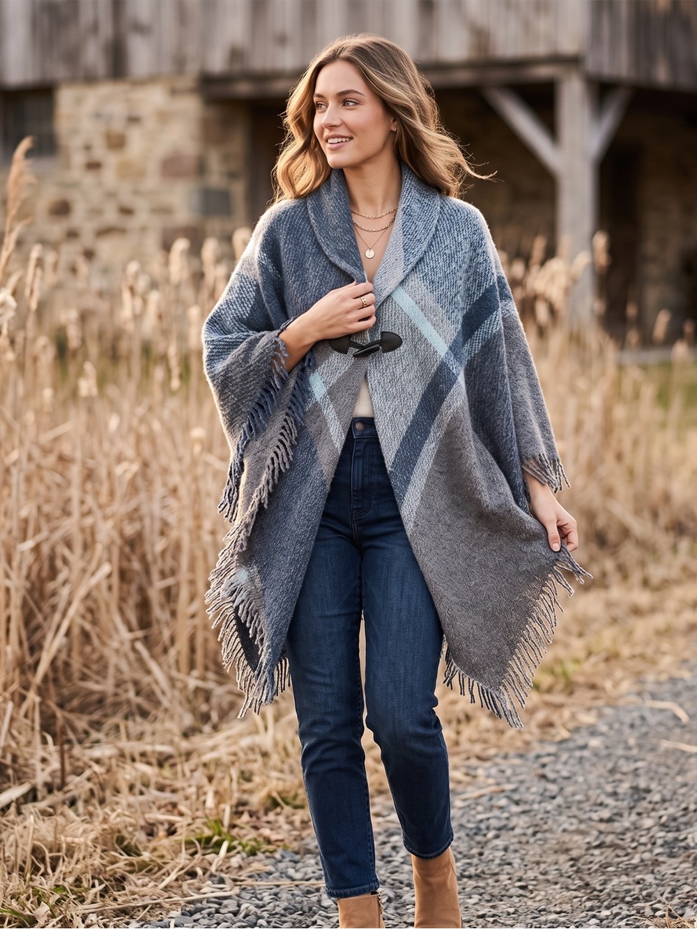 Altare Women's Gray Plaid Fringe Poncho with Toggle Closure